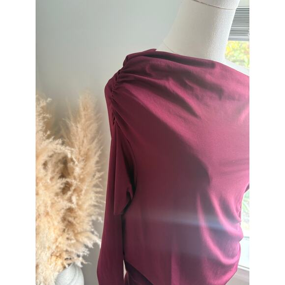 Musera Ruched Long Sleeve Top Size XL Asymmetrical Off Shoulder Burgundy - Picture 5 of 8